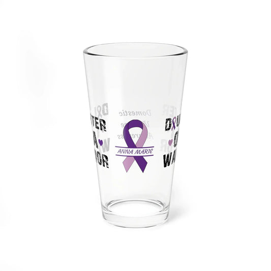 Shop our premium daughter of a warrior domestic violence awareness pint glass 16oz from MySisterIsASurvivor.