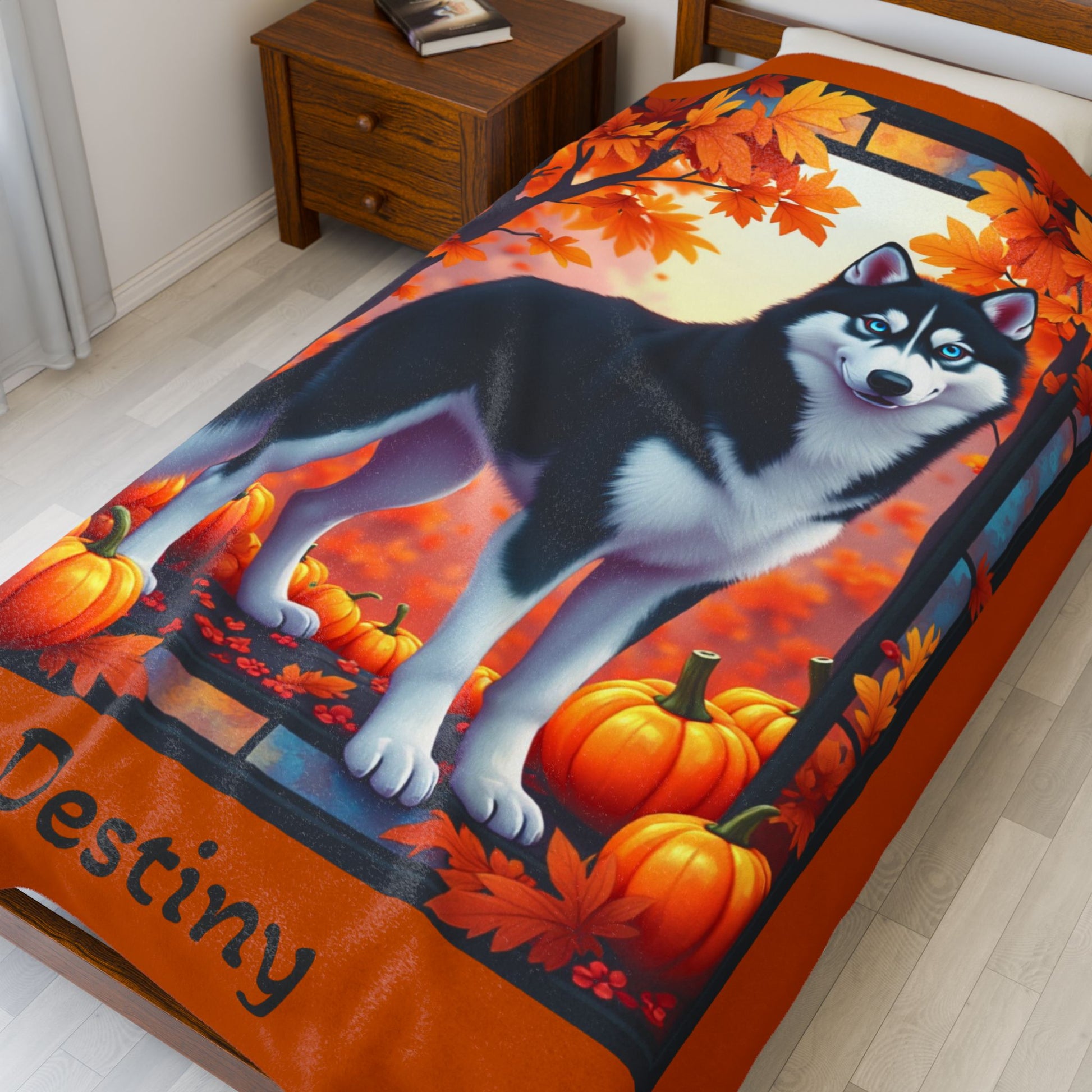 Siberian Husky Black & White Coat (Blue Eyes) Velveteen Blanket, Personalized Plush Dog Throw