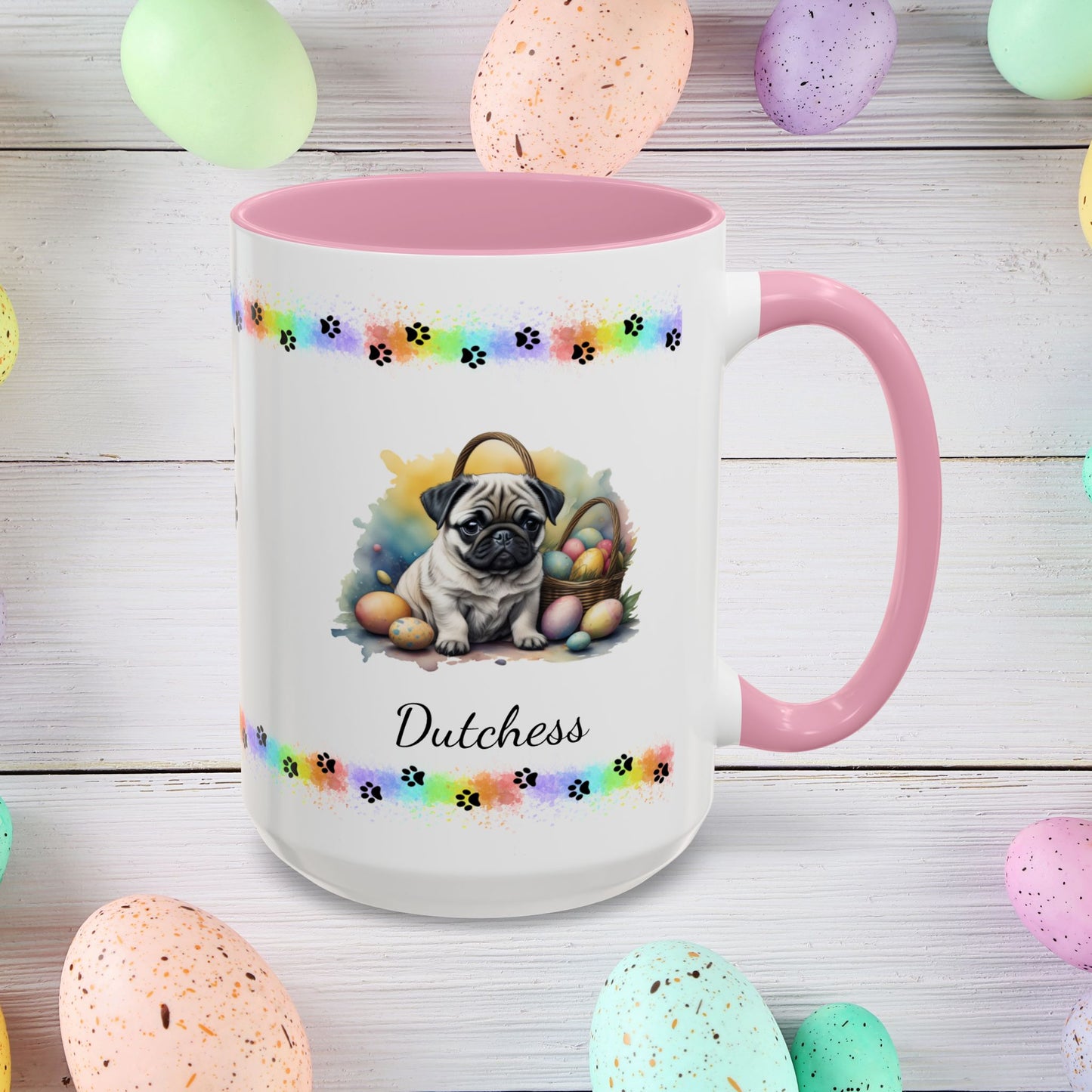 Sweet Pug Easter puppy coffee mug personalized for dog lovers, uplifting mental health and spreading Easter cheer.