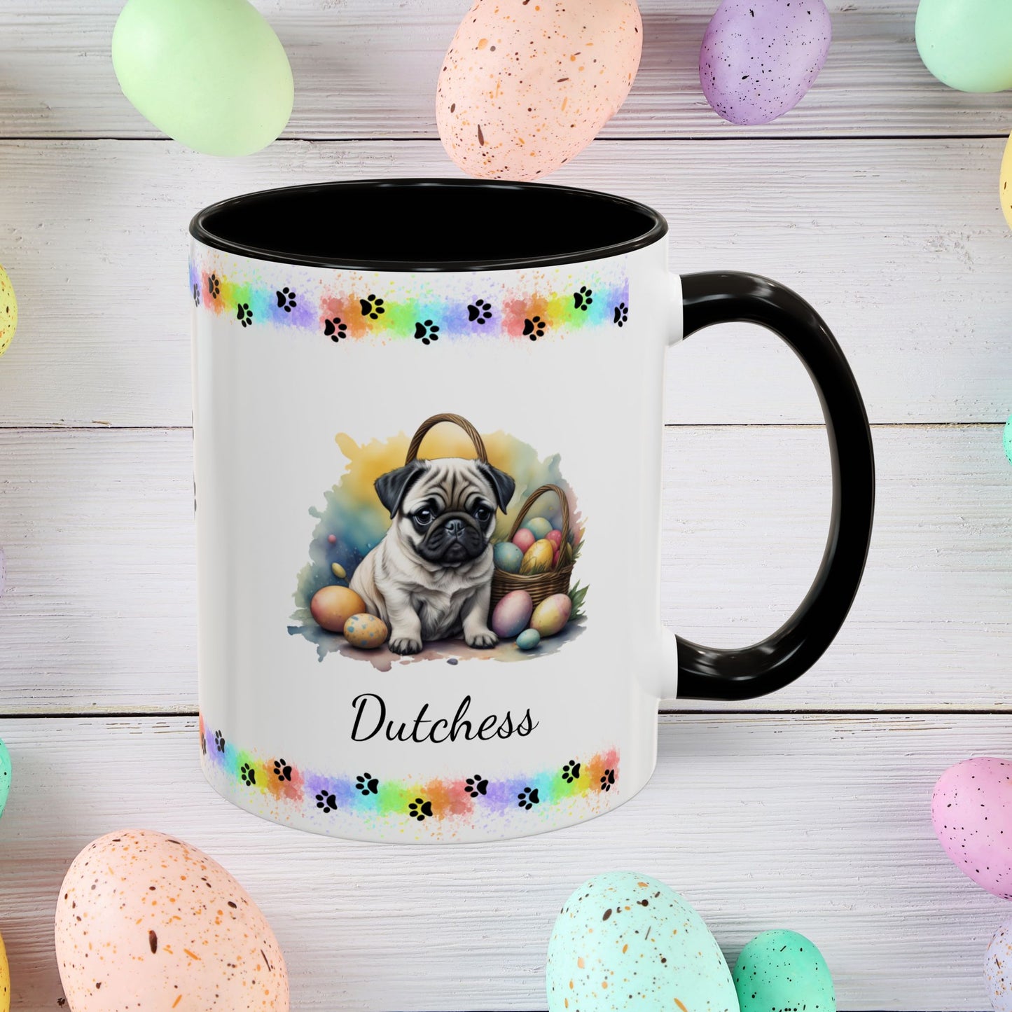 Sweet Pug Easter puppy coffee mug personalized for dog lovers, uplifting mental health and spreading Easter cheer.