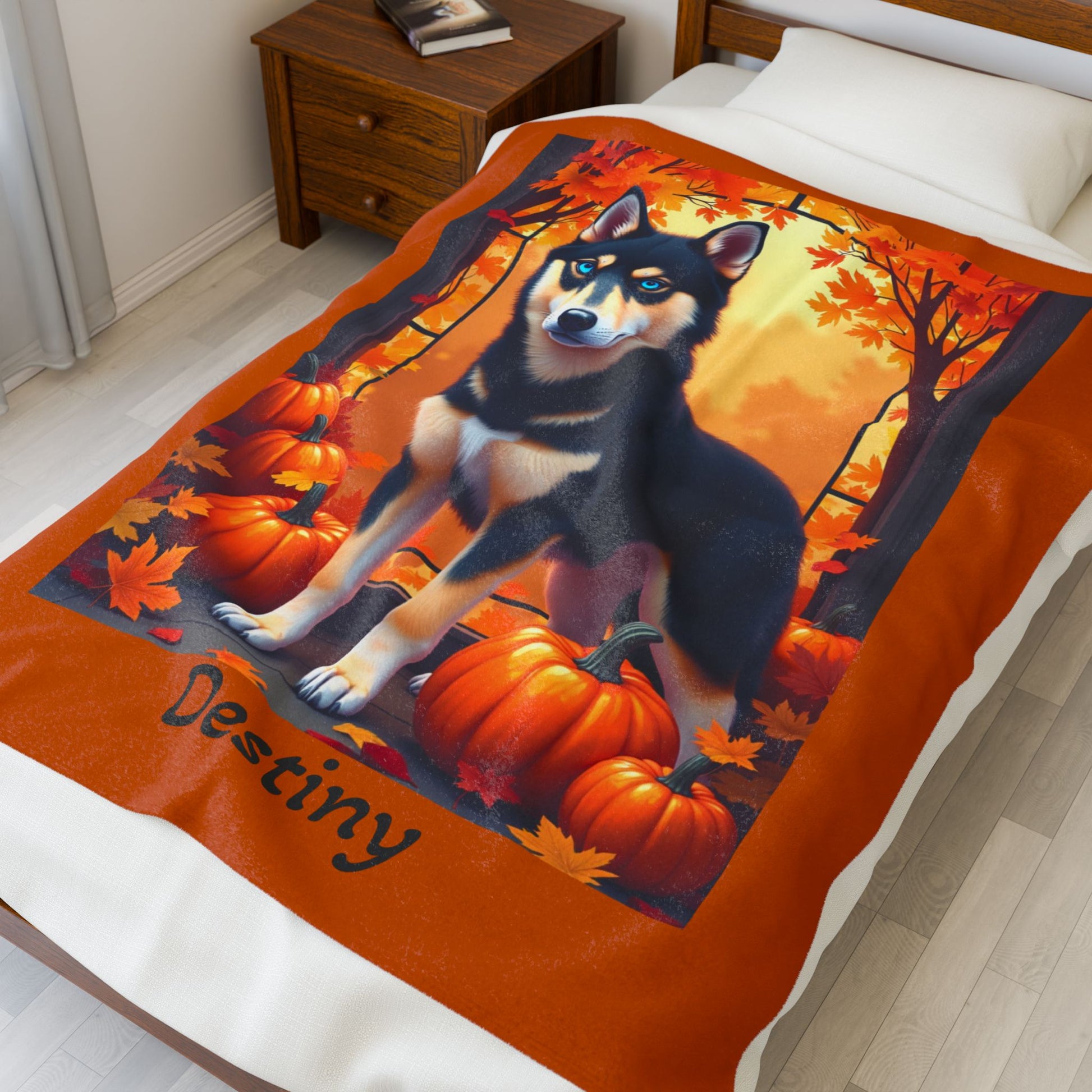 Siberian Husky Black & Tan Coat (Blue Eyes) Velveteen Blanket, Personalized Plush Dog Throw