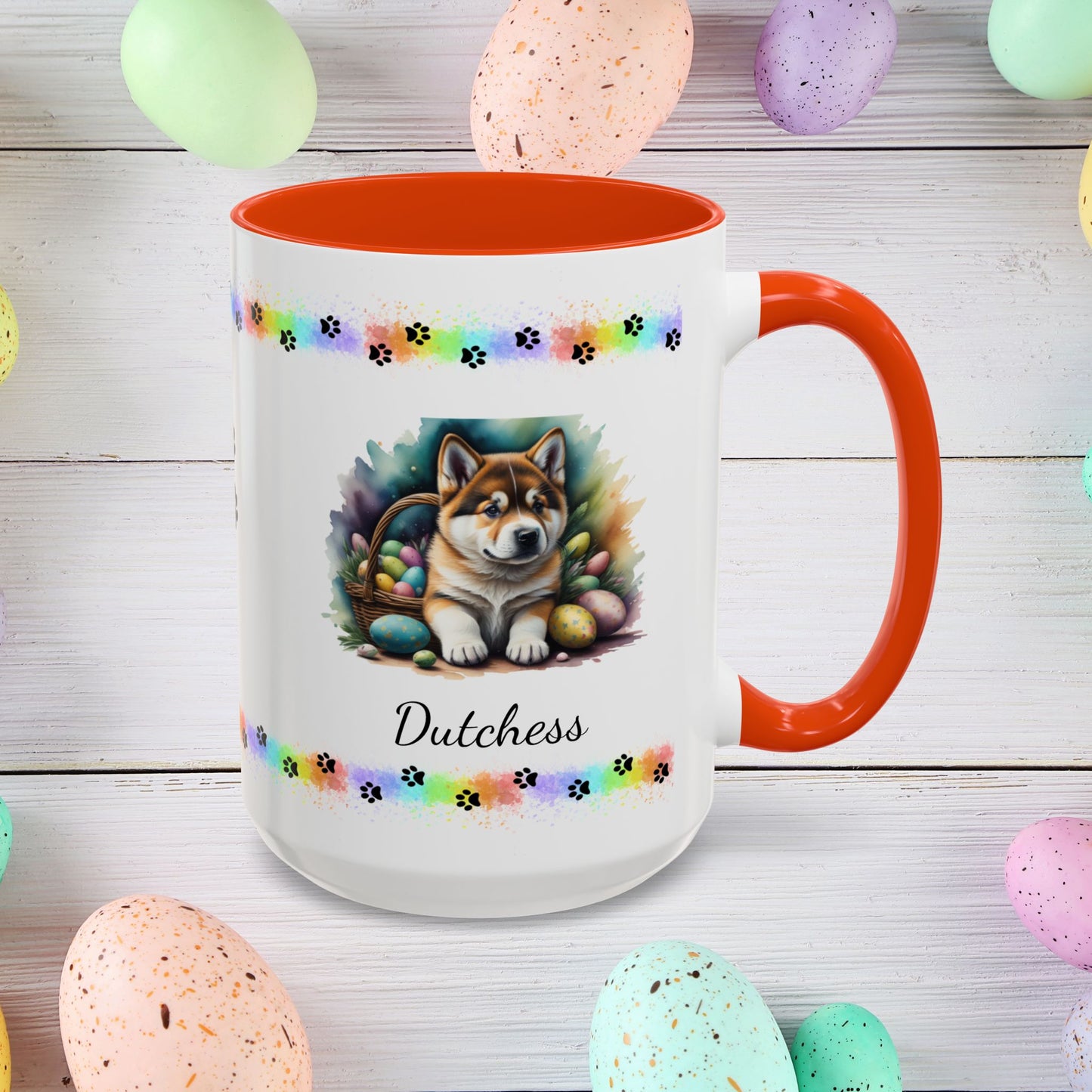 Akita personalized Easter puppy mug, cute dog coffee cup gift for mental health awareness and cozy sipping