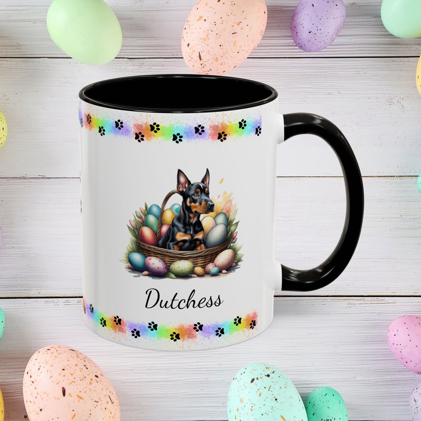 Doberman personalized Easter puppy mug, cute dog coffee cup gift for mental health awareness and comfort