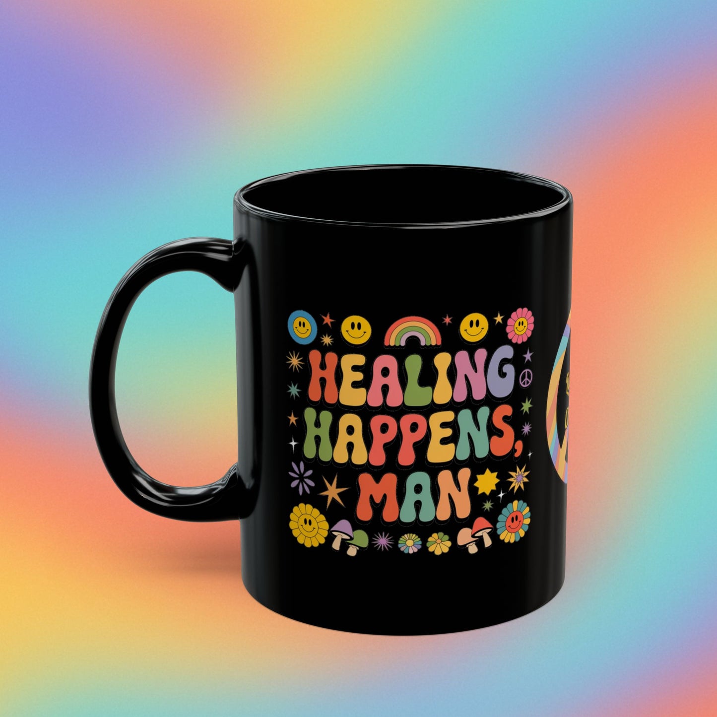 Healing Happens, Man personalized 70s mental health coffee mug affirmation gift - MySisterIsASurvivor
