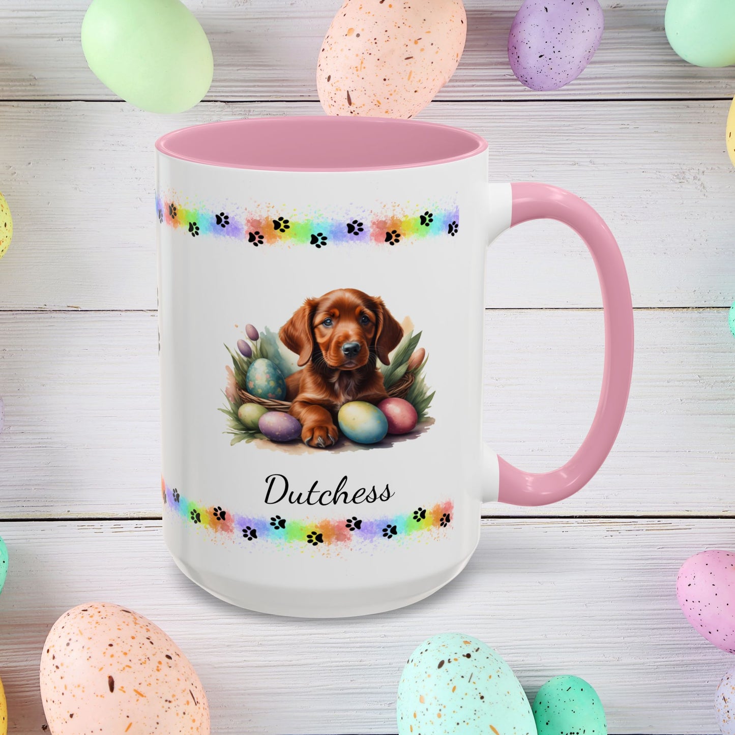 Irish Setter Easter puppy coffee mug, personalized cute dog gift for mental health support and cozy mornings