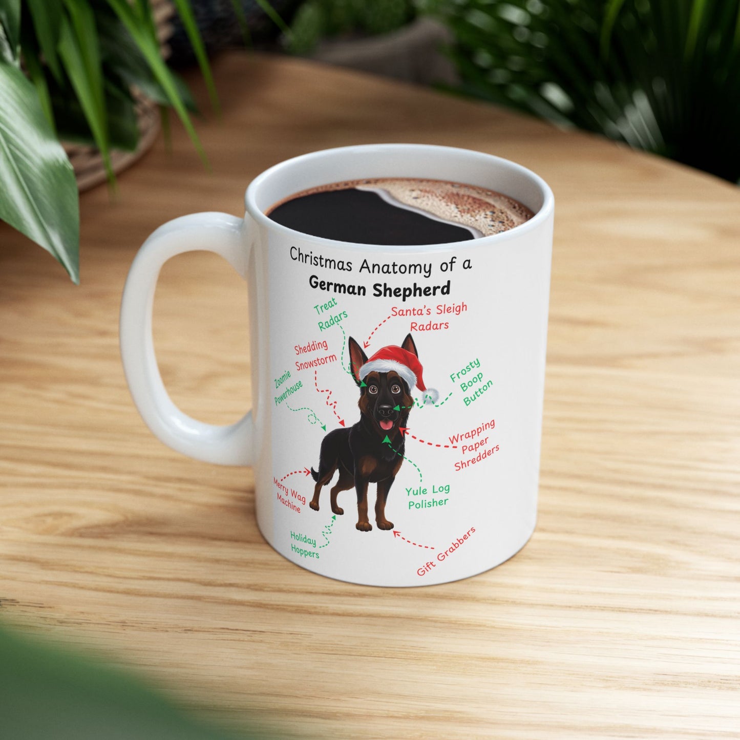 German Shepherd Bi-Color personalized Christmas coffee mug, festive dog anatomy gift