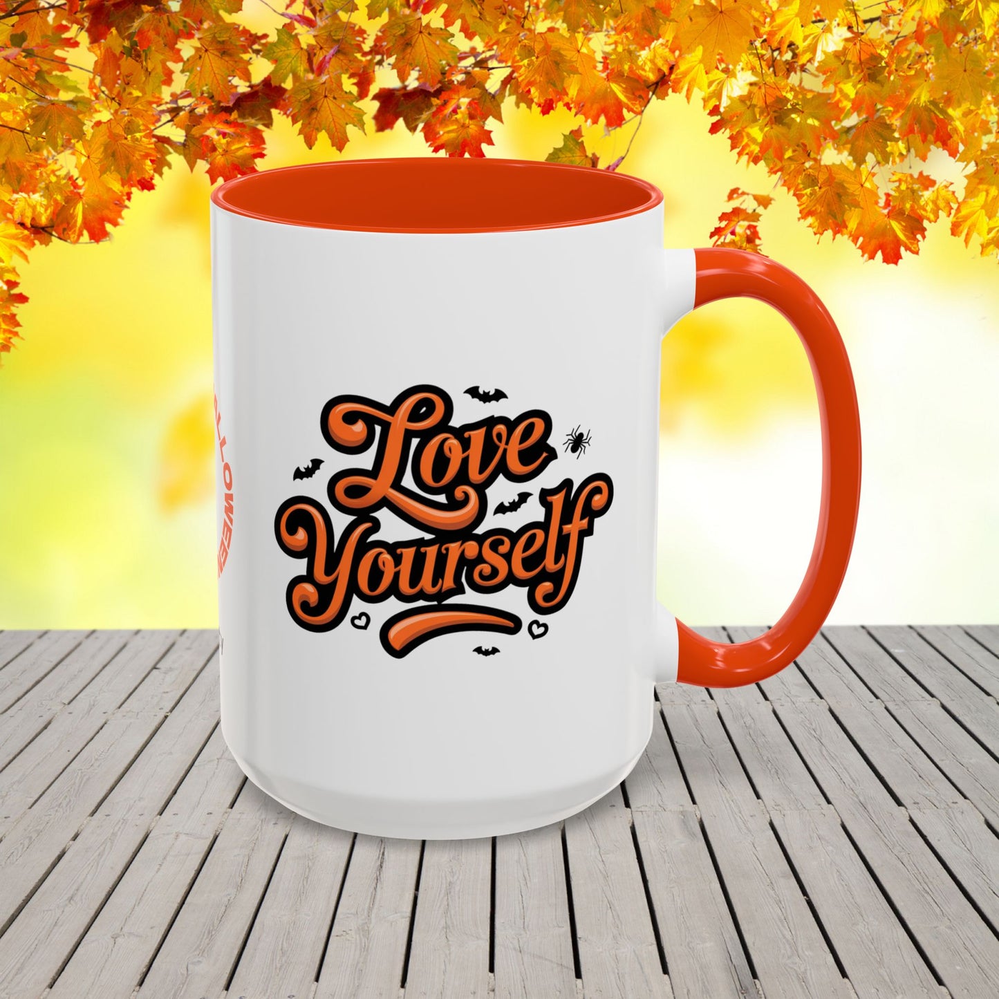 Love Yourself Halloween Mug -custom coffee cup with name & uplifting seasonal quote
