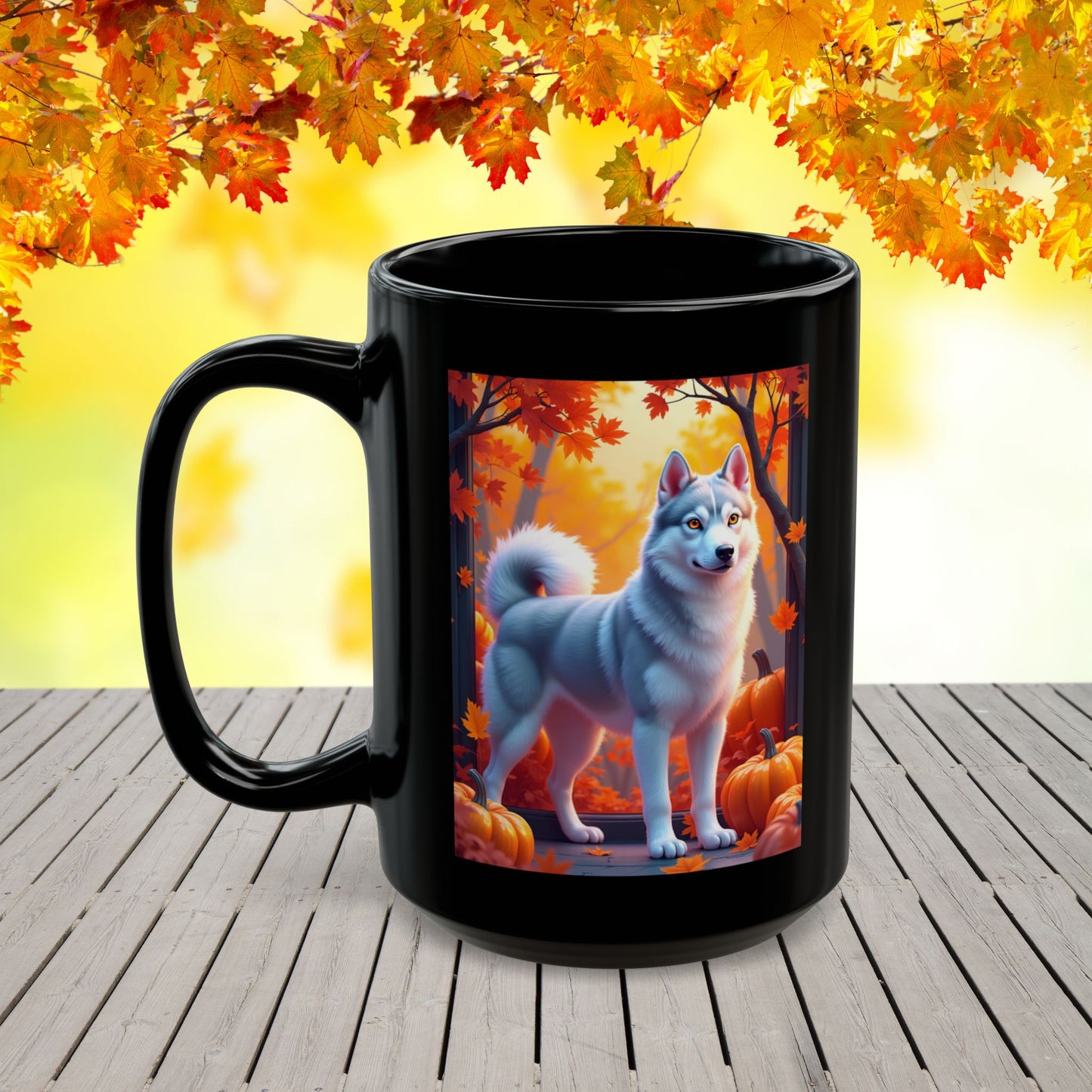 Silver Siberian Husky (Amber Eyes) autumn coffee mug, personalized gift for Husky lovers and dog parents