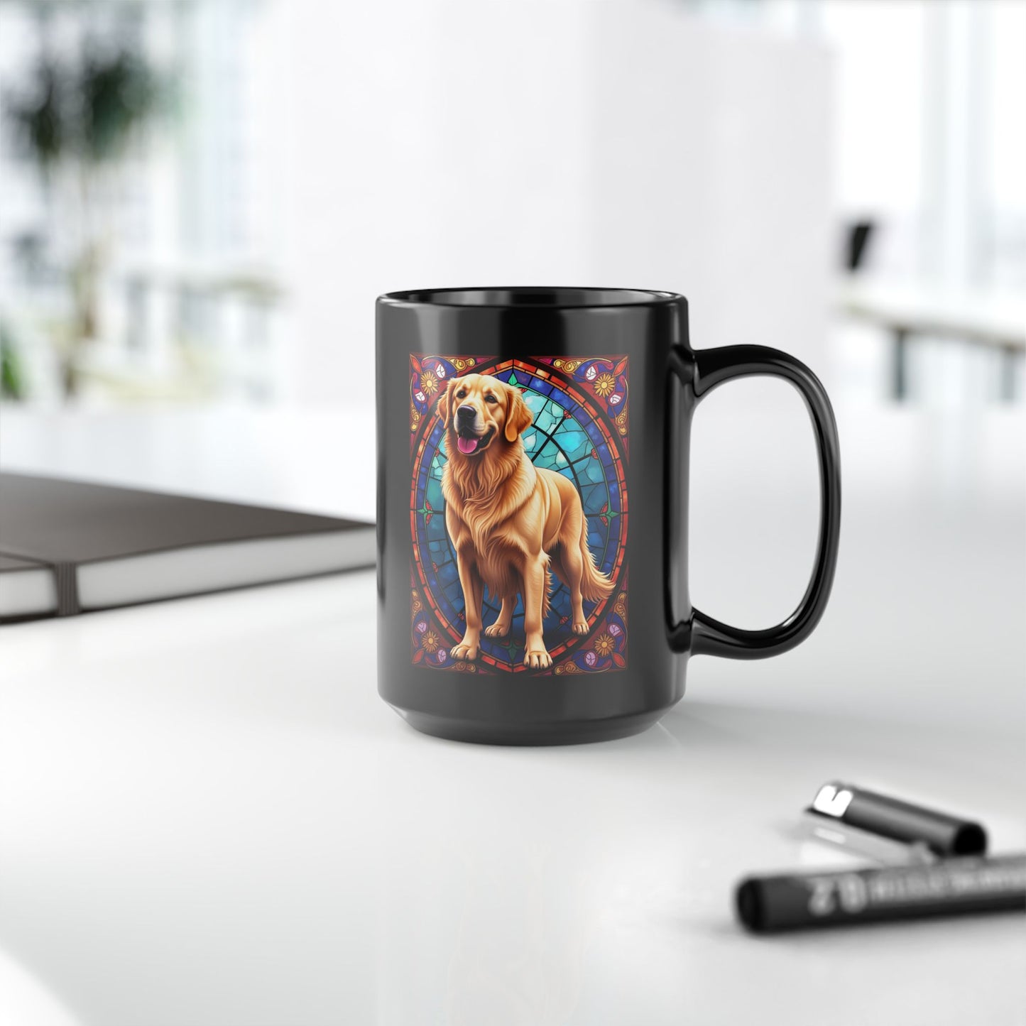 Classic Golden Retriever stained glass style coffee mug, customizable with dog name, perfect gift for pet parents