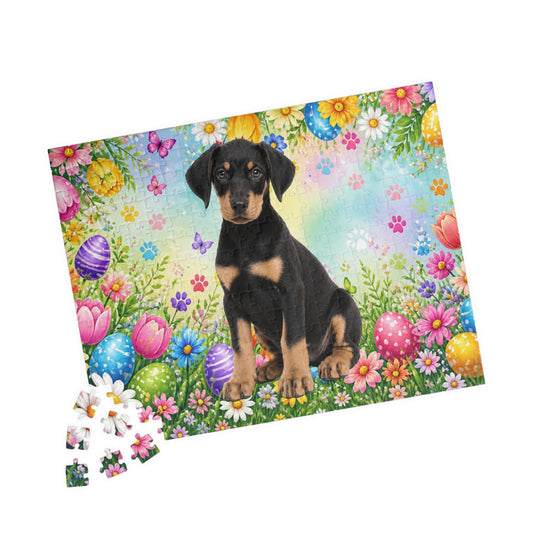 Doberman (Black & Tan) Easter Puppy Puzzle - Spring Garden with Eggs, Tulips, and Daisies
