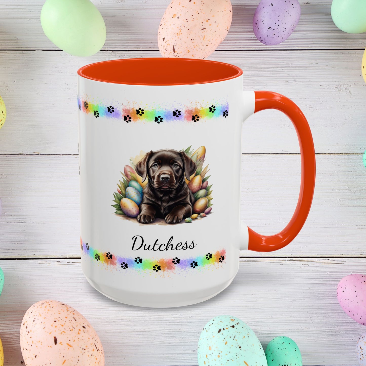 Chocolate Labrador Easter puppy coffee mug, personalized cute dog gift for mental health support and cozy sipping