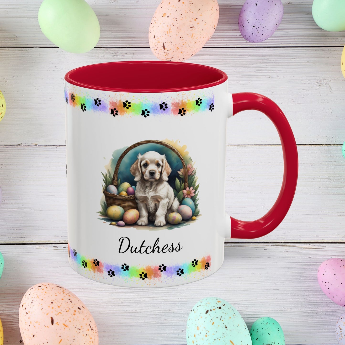 Cocker Spaniel Light Gold personalized Easter puppy mug, cute dog coffee cup gift for mental health awareness