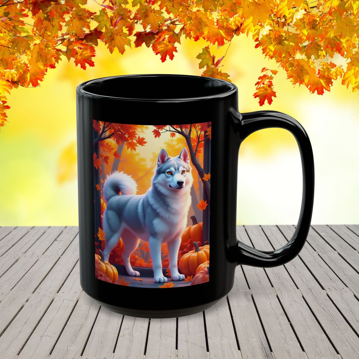 Silver Siberian Husky (Amber Eyes) autumn coffee mug, personalized gift for Husky lovers and dog parents