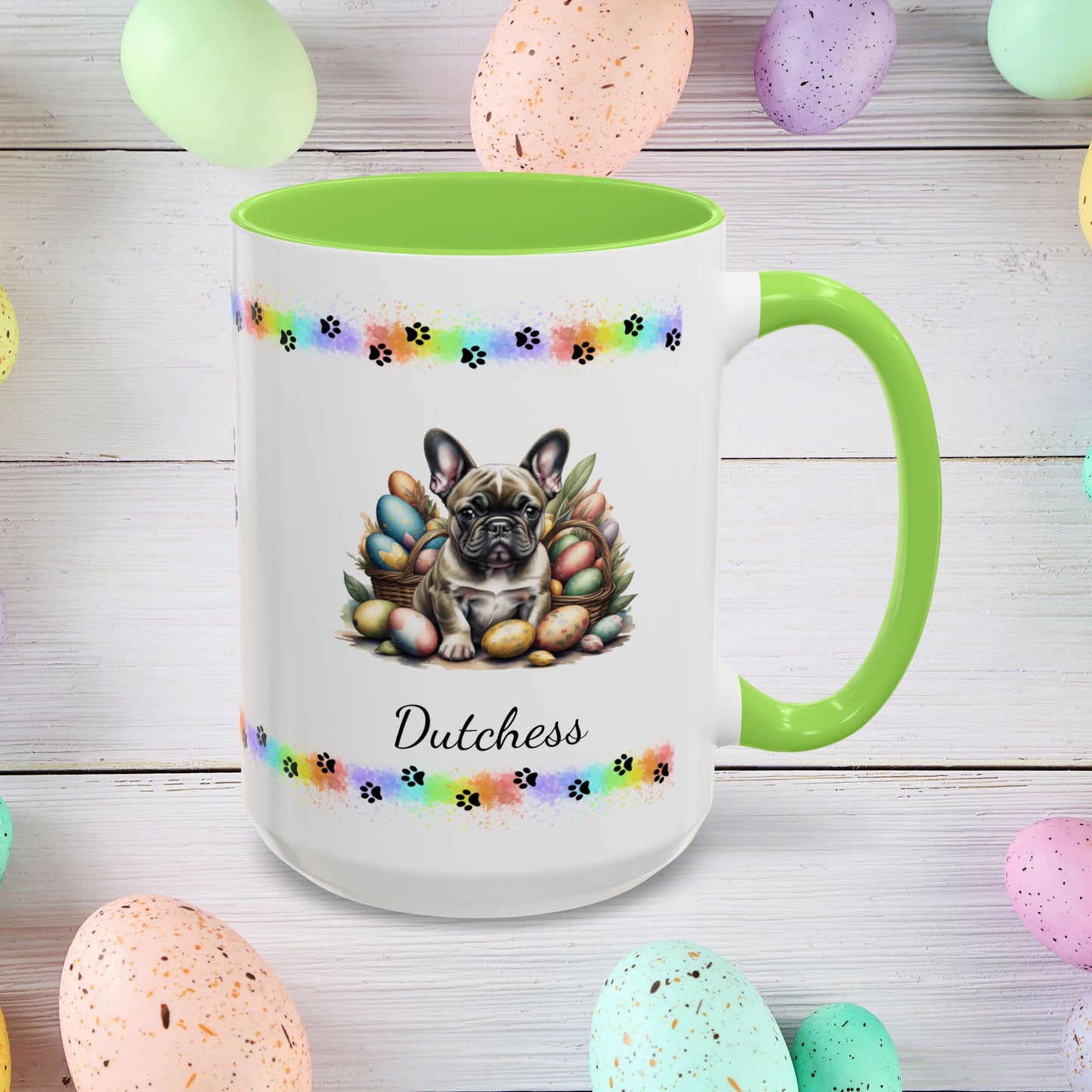 French Bulldog Brindle Easter puppy coffee mug, personalized cute dog gift for mental health support and comfort