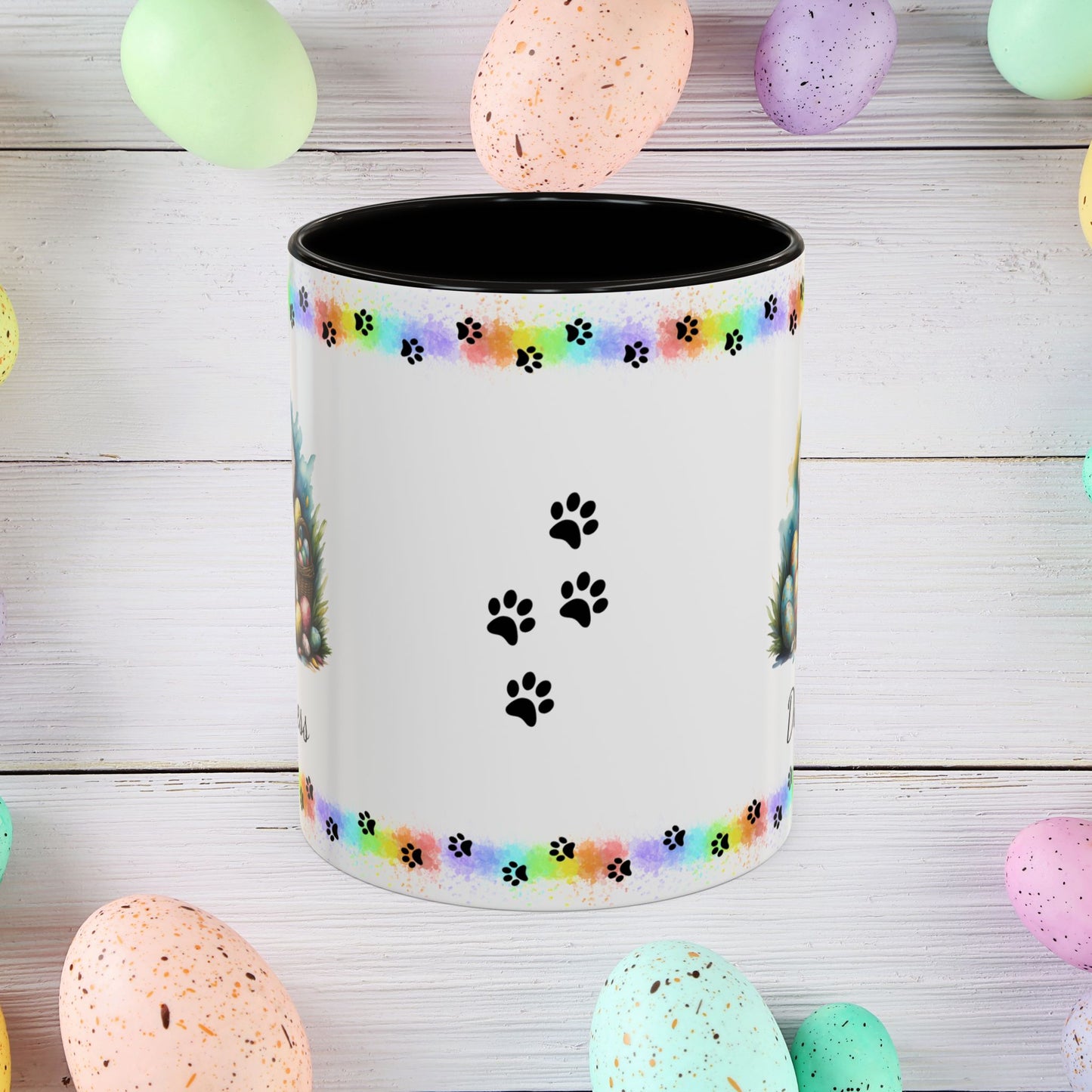 White Poodle Easter puppy coffee mug with custom dog design, perfect Easter gift for pet owners and mental wellness support.