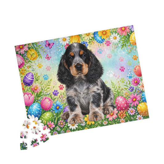 American Cocker Spaniel (Blue Roan) Easter Puppy Puzzle - Spring Garden with Eggs, Tulips, and Daisies