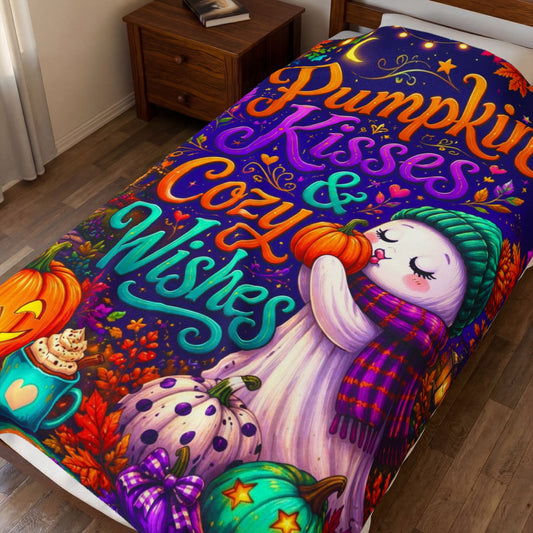 Pumpkin Kisses and Cozy Wishes Velveteen Blanket - Ghost Kissing Pumpkin with Teal Heart Mug and Cottage