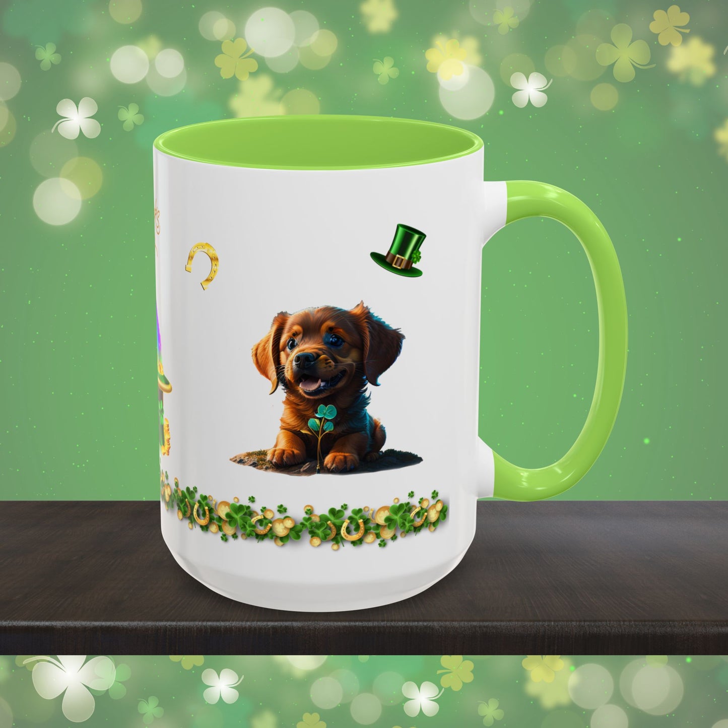 Shamrock Serenity Puppy: St. Patrick's Day Two-Tone Coffee Mug - Festive Ceramic Mug for Positivity & Mindfulness