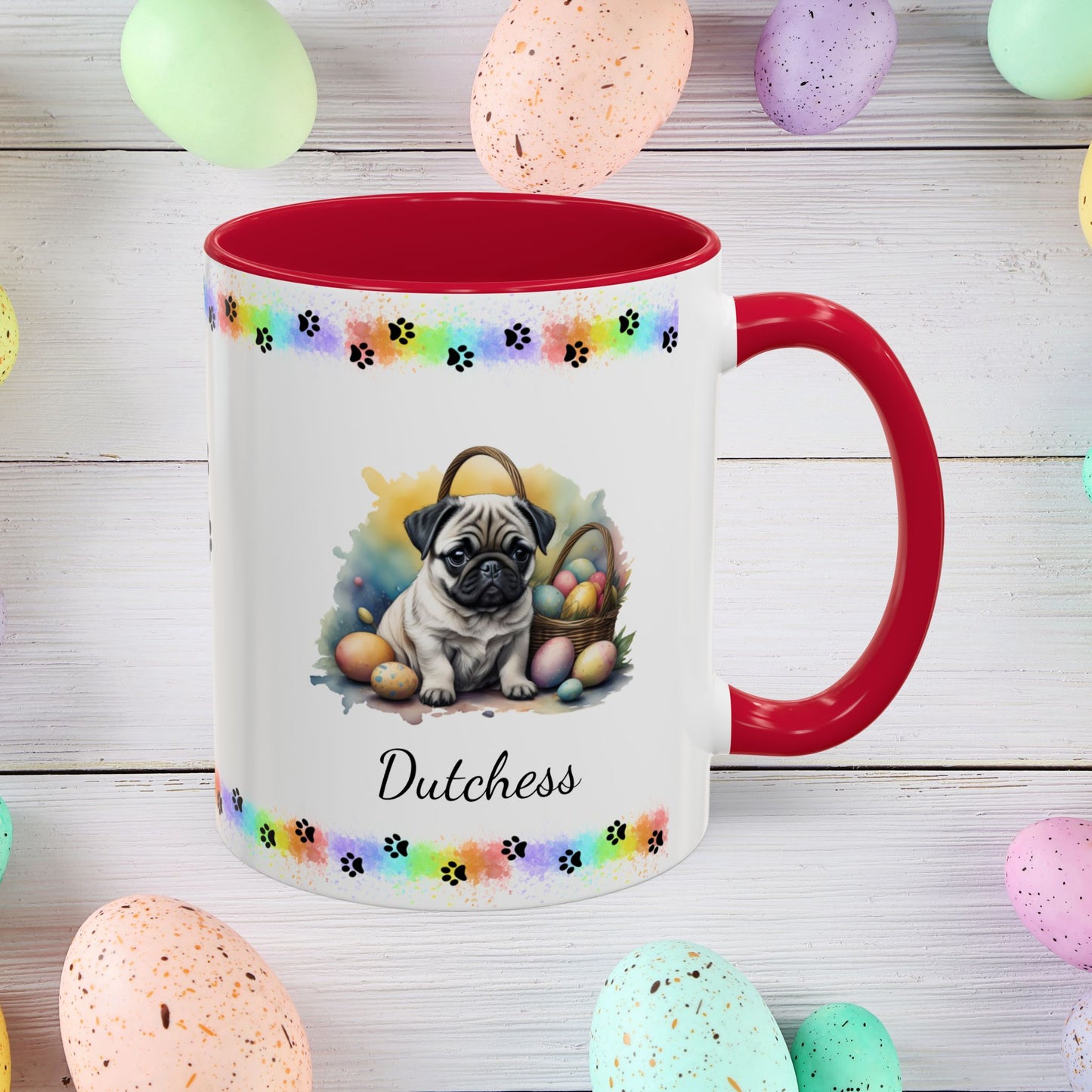 Sweet Pug Easter puppy coffee mug personalized for dog lovers, uplifting mental health and spreading Easter cheer.