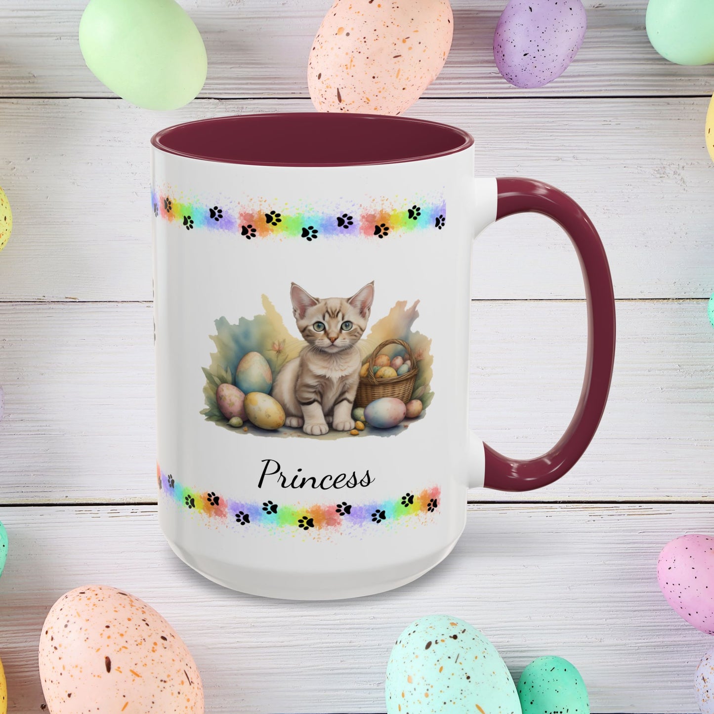 Devon Rex personalized Easter coffee mug, cute kitten design, mental health awareness gift for cat lovers
