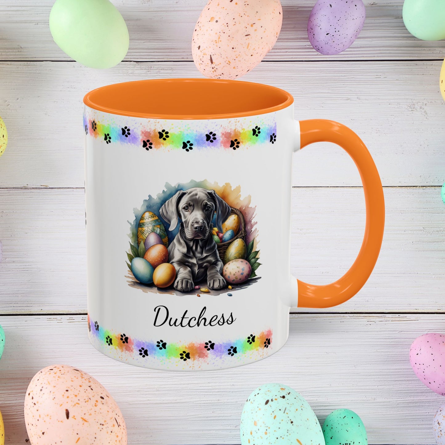 Weimaraner mouse gray Easter puppy coffee mug personalized, charming dog gift for mindfulness and Easter celebration.