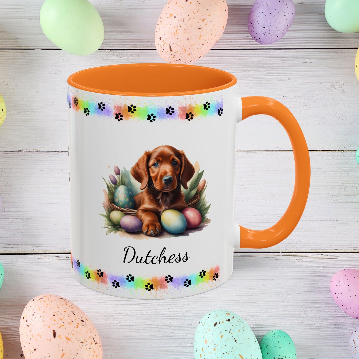 Irish Setter Easter puppy coffee mug, personalized cute dog gift for mental health support and cozy mornings