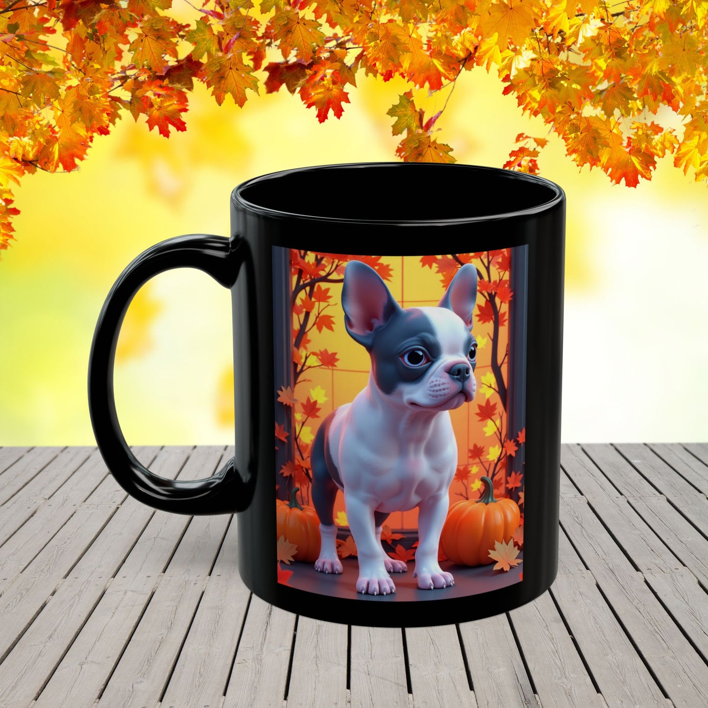 Blue Pied French Bulldog Autumn Black Mug - Seasonal dog lover gift coffee cup