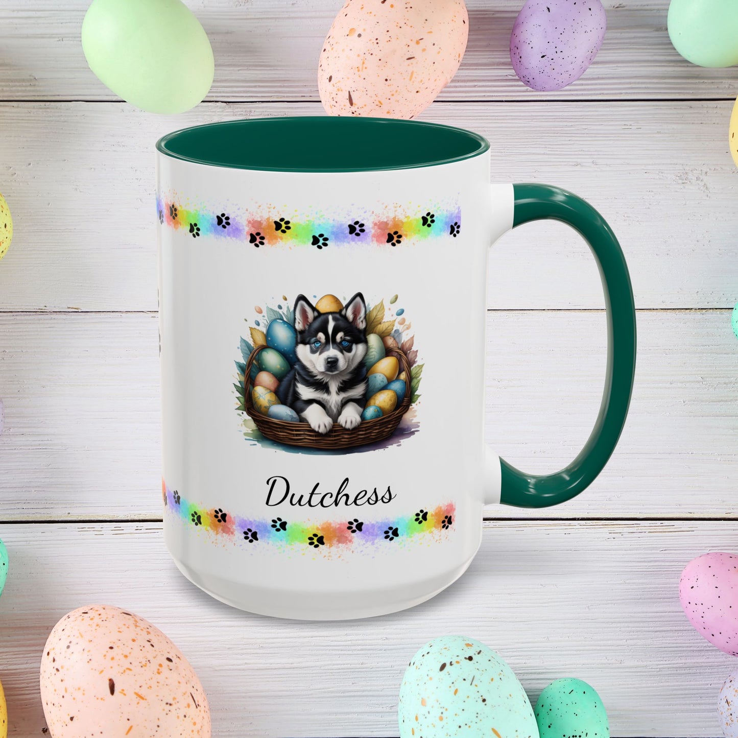 Siberian Husky Easter puppy coffee mug personalized cute dog design, uplifting gift for springtime mental health support.