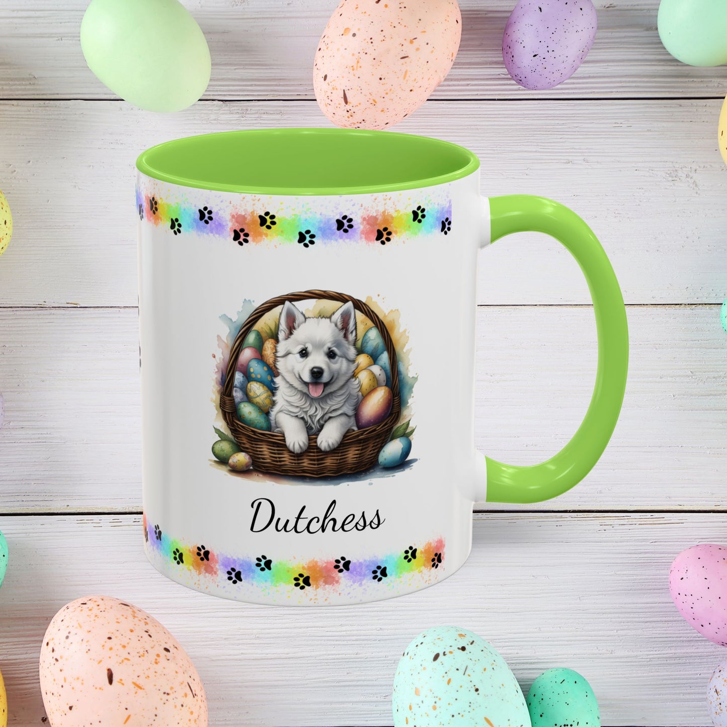 American Eskimo personalized Easter puppy mug, cute dog coffee cup, mental health awareness gift for dog lovers