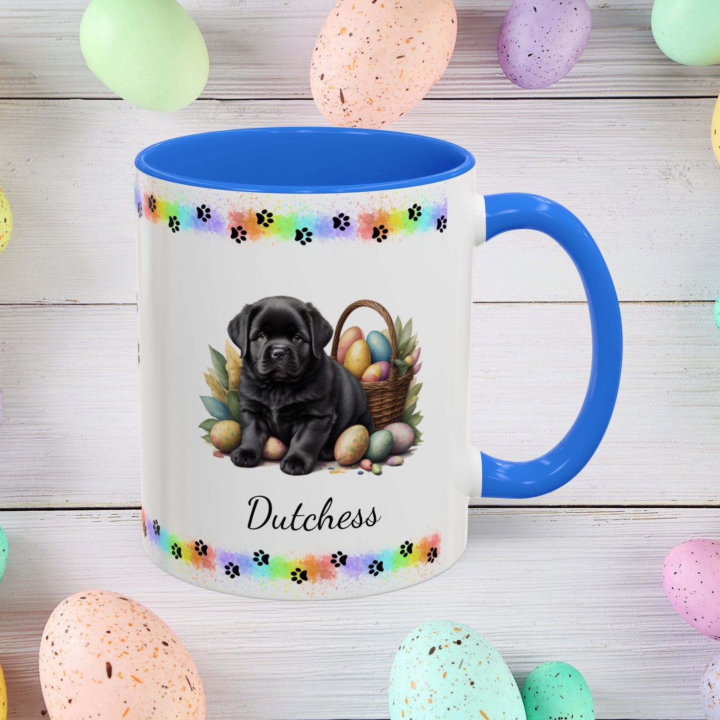 Newfoundland Black Easter puppy coffee mug, personalized cute dog gift for mental health awareness and cozy sipping
