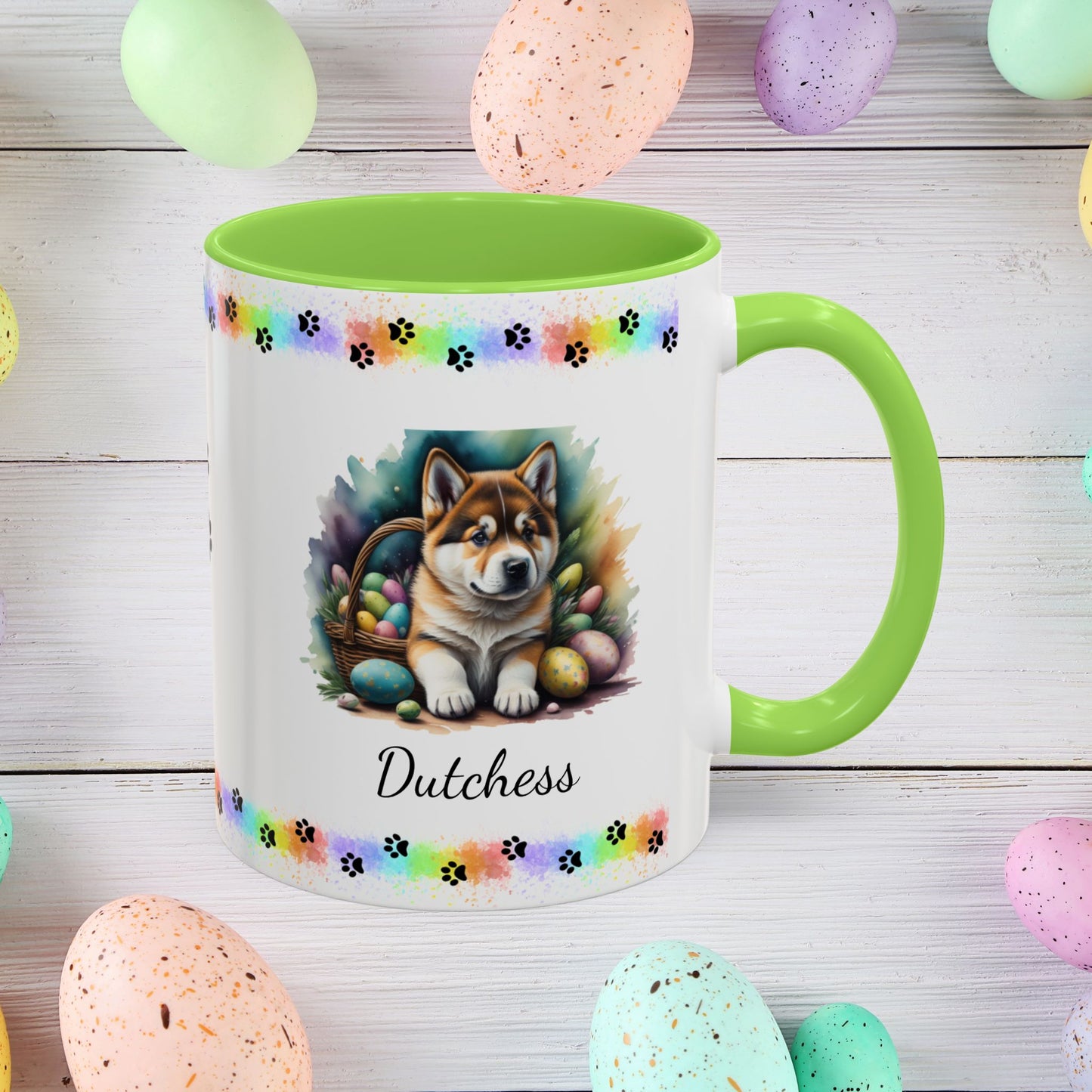 Akita personalized Easter puppy mug, cute dog coffee cup gift for mental health awareness and cozy sipping