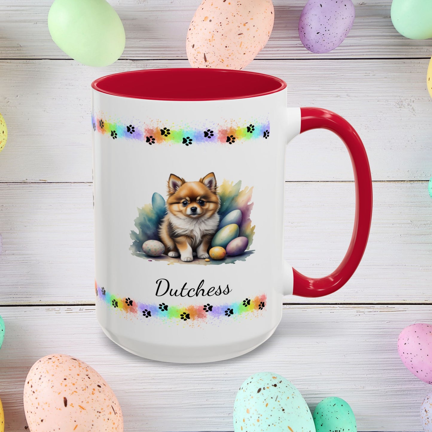Pomeranian Cream Sable Easter puppy coffee mug, personalized cute dog gift for mental health awareness and comfort