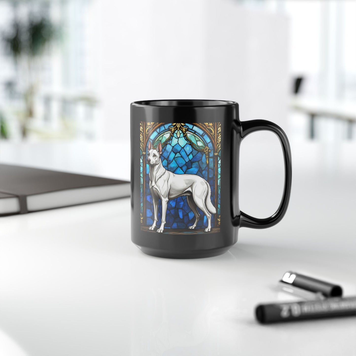 Belgian Malinois white personalized mug, stained glass dog lover coffee cup gift for pet parents