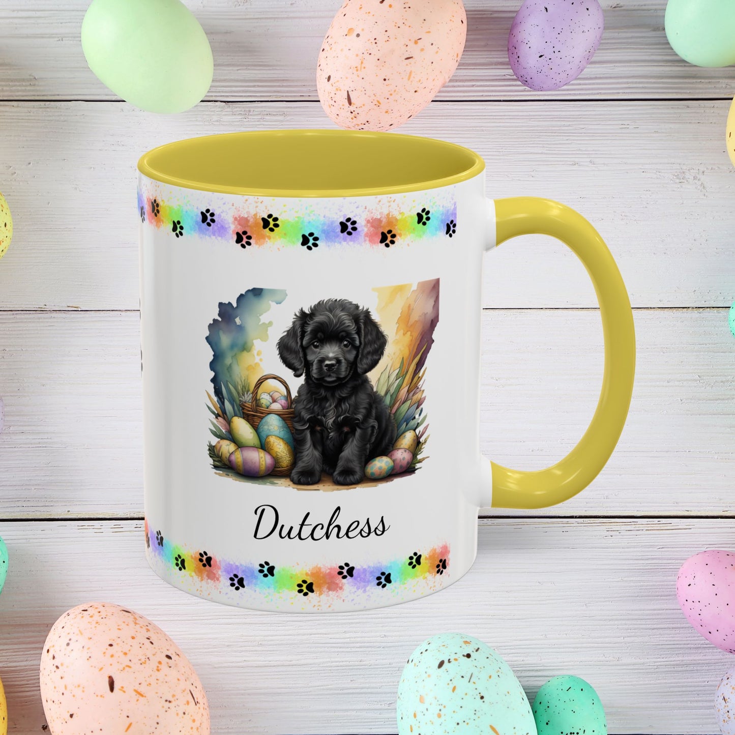 Adorable black Poodle Easter puppy coffee mug personalized dog gift, perfect for mental health awareness and spring joy.