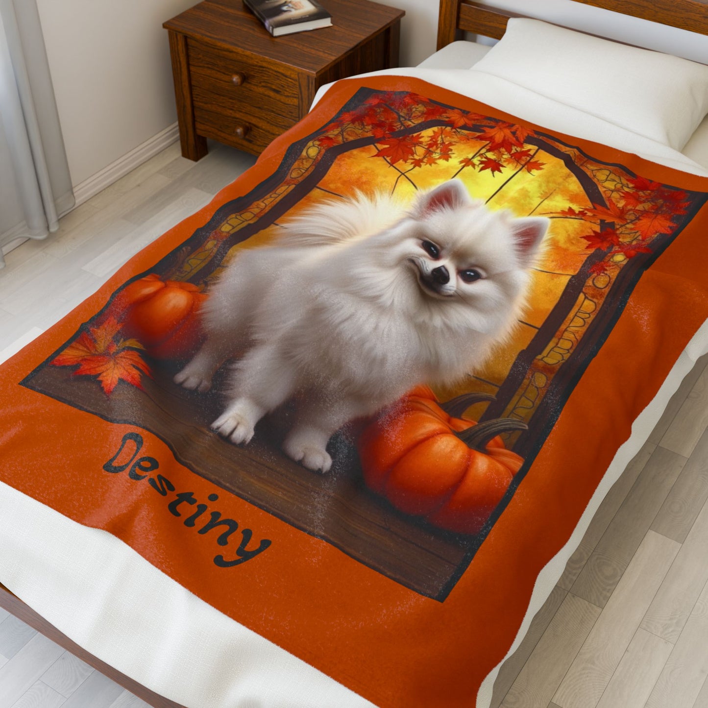 White Pomeranian velveteen plush blanket, fluffy cozy throw blanket gift for pet parents and dog lover home
