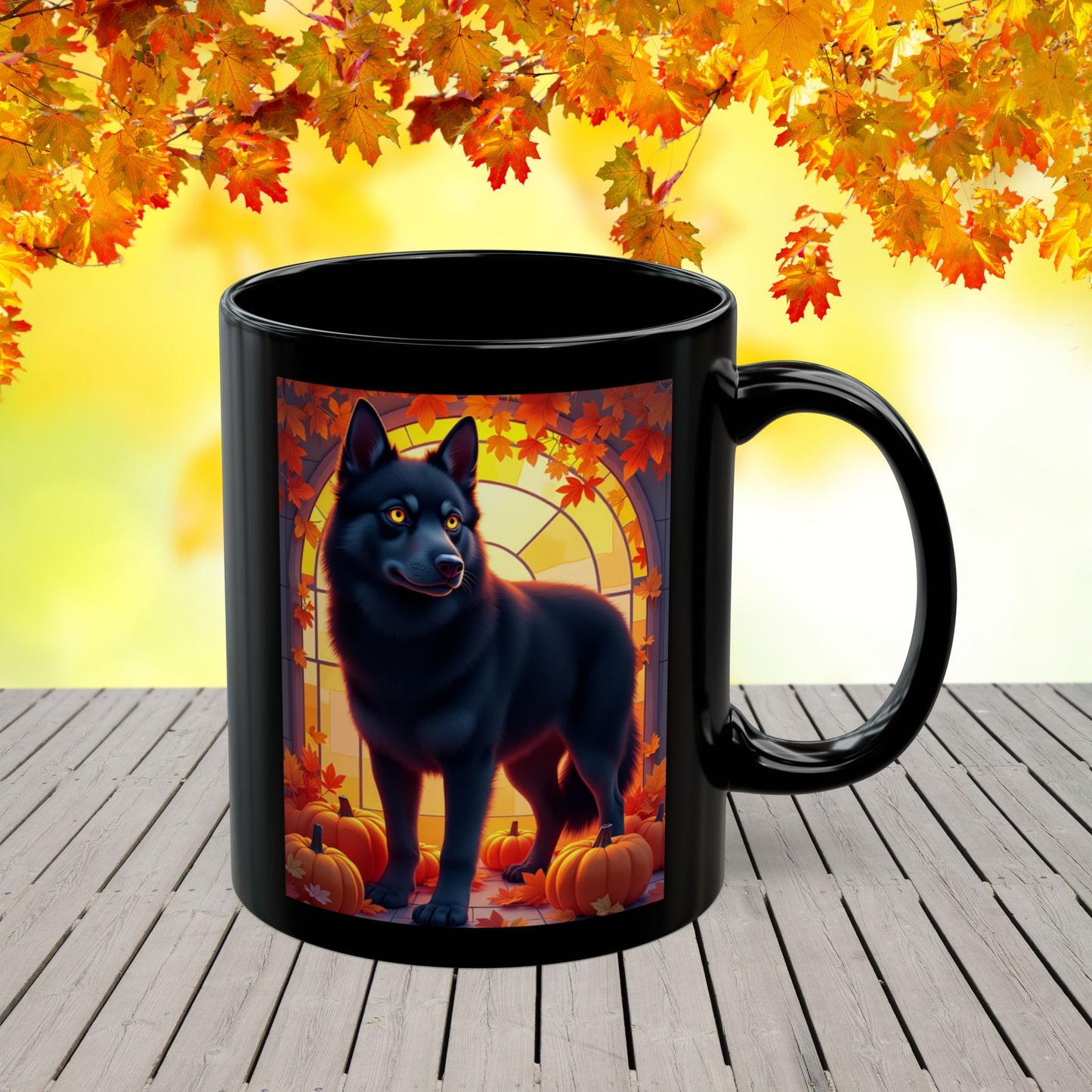 Black Siberian Husky (Amber Eyes) autumn coffee mug, personalized seasonal Husky gift for dog lovers