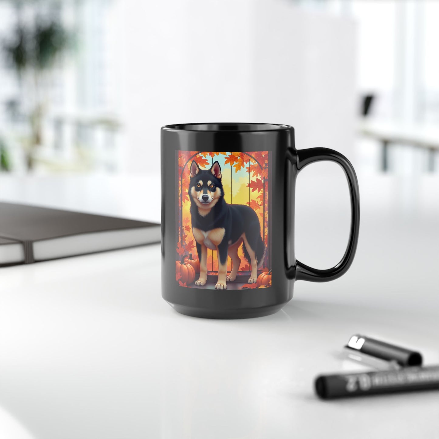 Black & Tan Husky (Amber Eyes) autumn coffee mug, personalized dog lover gift for fall and cozy drinks