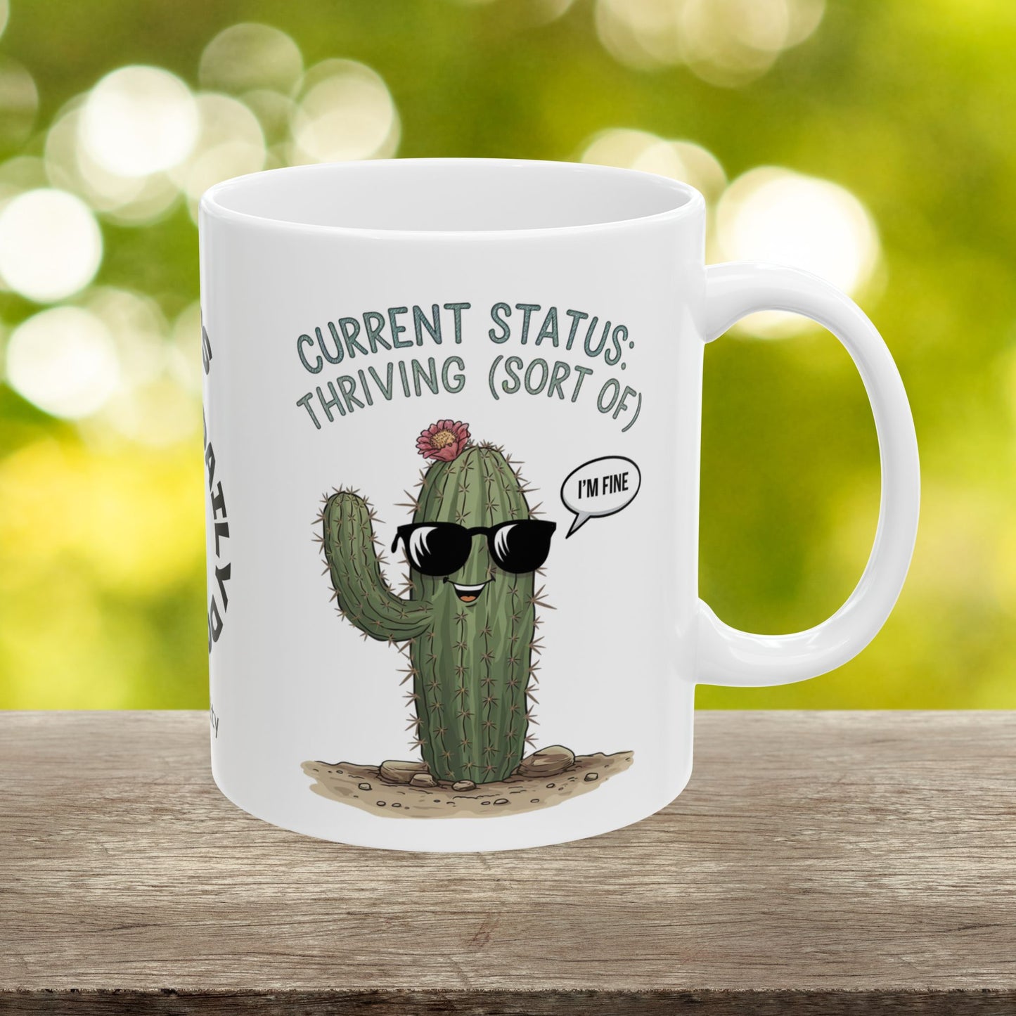 "Current Status: Thriving (Sort Of)" funny mental health mug, personalized for anxiety relief and self-care affirmations.