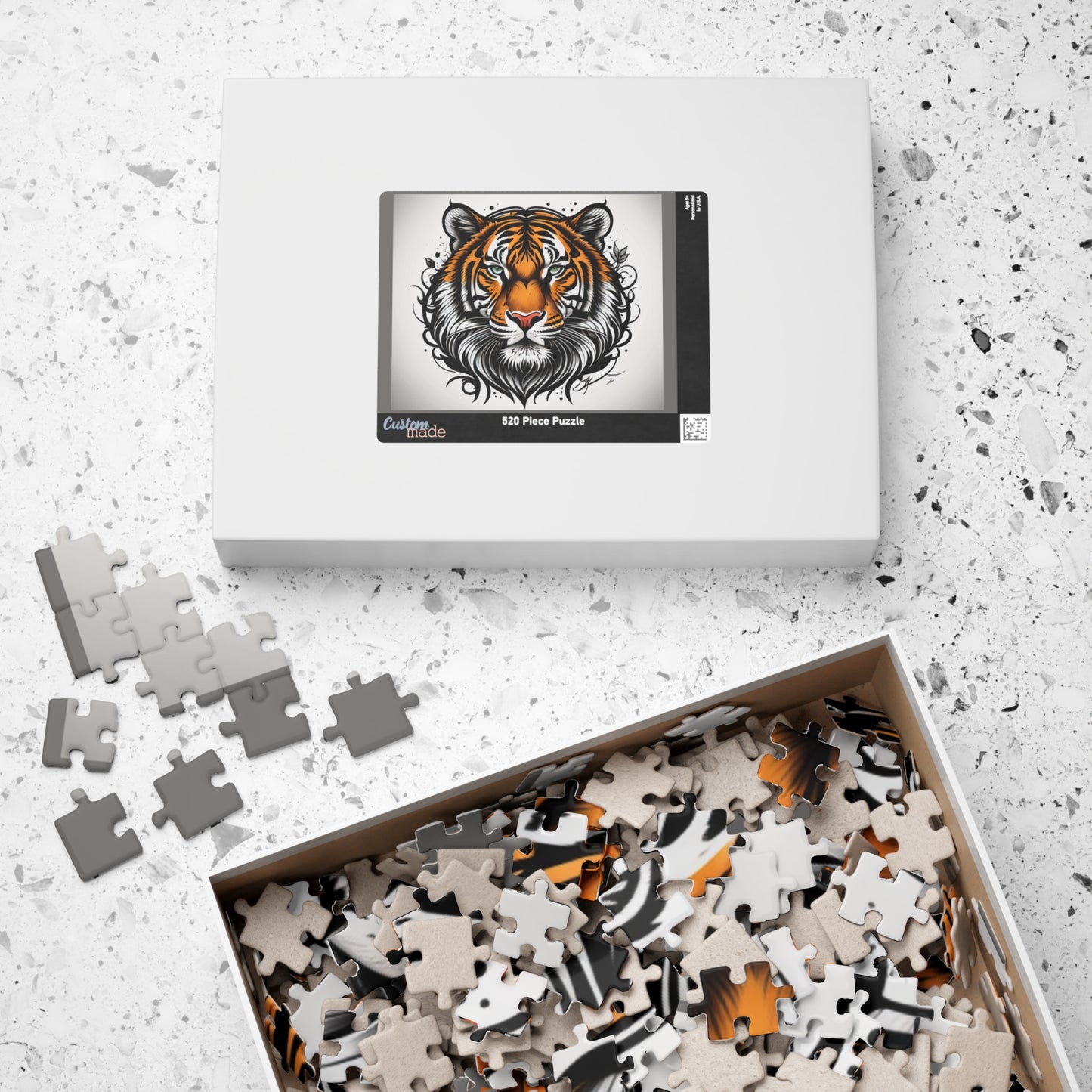 Tiger Spirit - Tattoo-Style Tiger Puzzle with Ornamental Flourishes on White