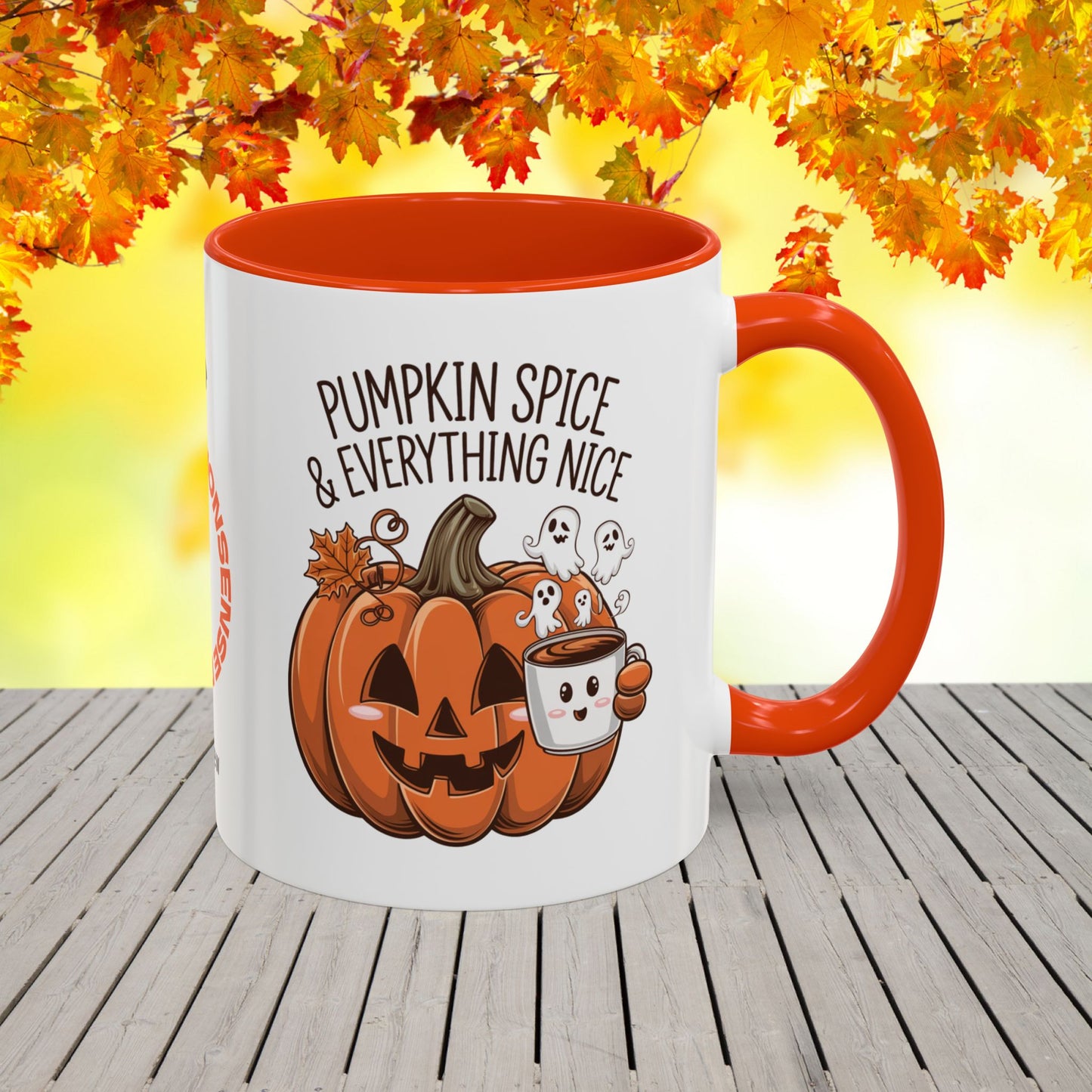 Festive Halloween coffee mug with “Pumpkin Spice & Everything Nice” phrase, promoting positivity and emotional wellness