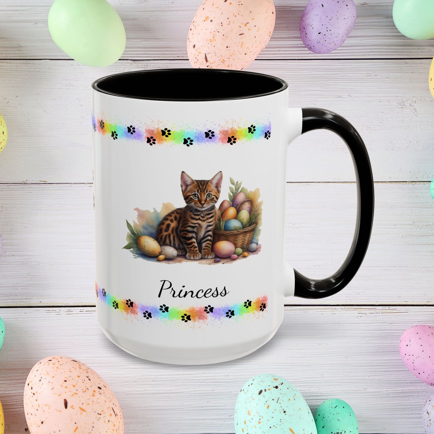 Bengal personalized Easter coffee mug, adorable kitten design, cute cat gift for mental health awareness and comfort