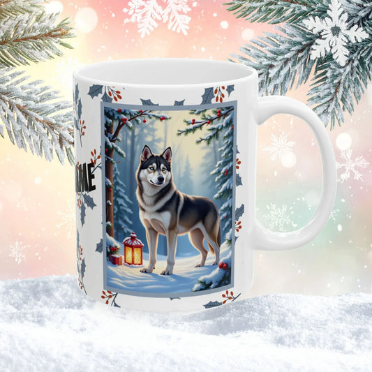 Shop our husky wolf grey winter lodge mug featuring the 15oz style option from MySisterIsASurvivor.