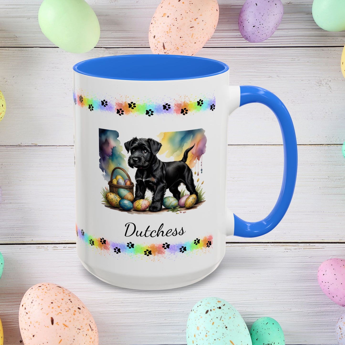 Black Schnauzer Easter puppy coffee mug personalized dog lover gift, promoting peace, positivity, and emotional wellness.