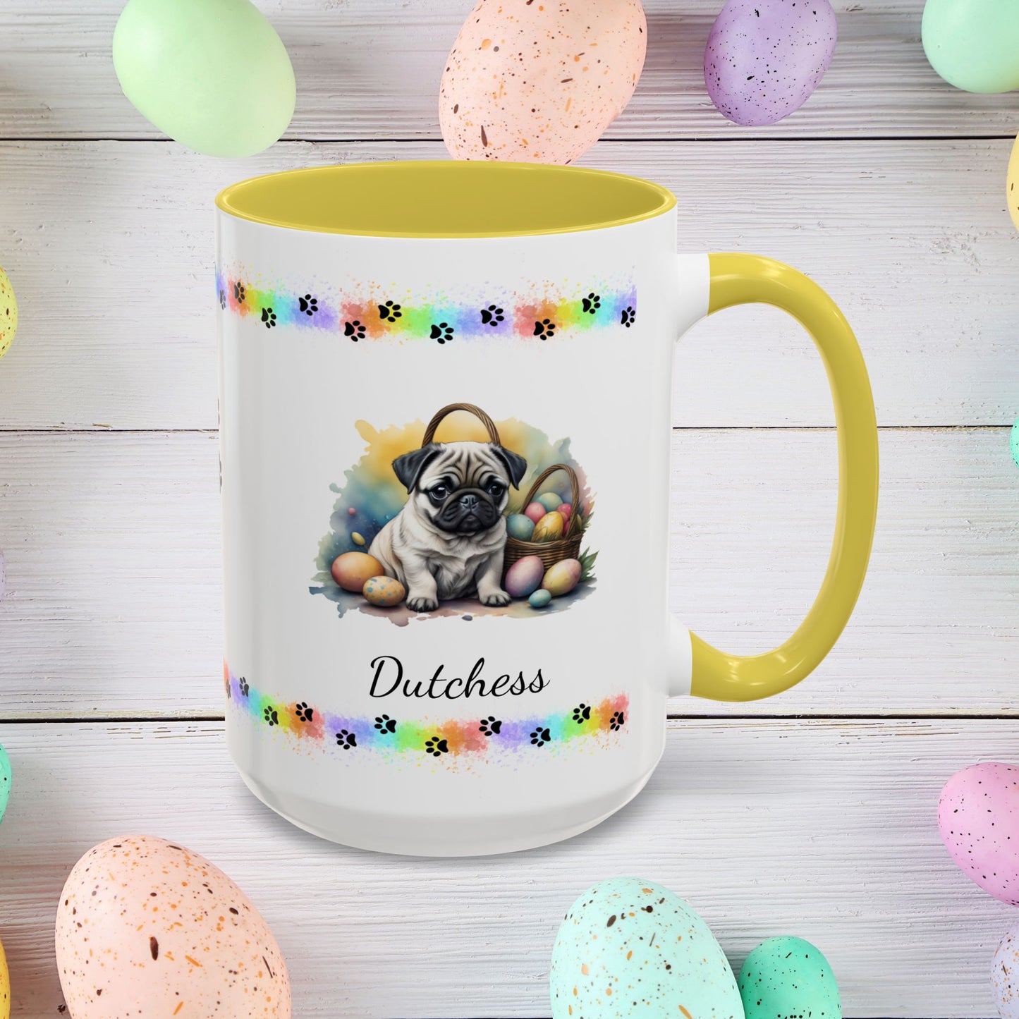 Sweet Pug Easter puppy coffee mug personalized for dog lovers, uplifting mental health and spreading Easter cheer.