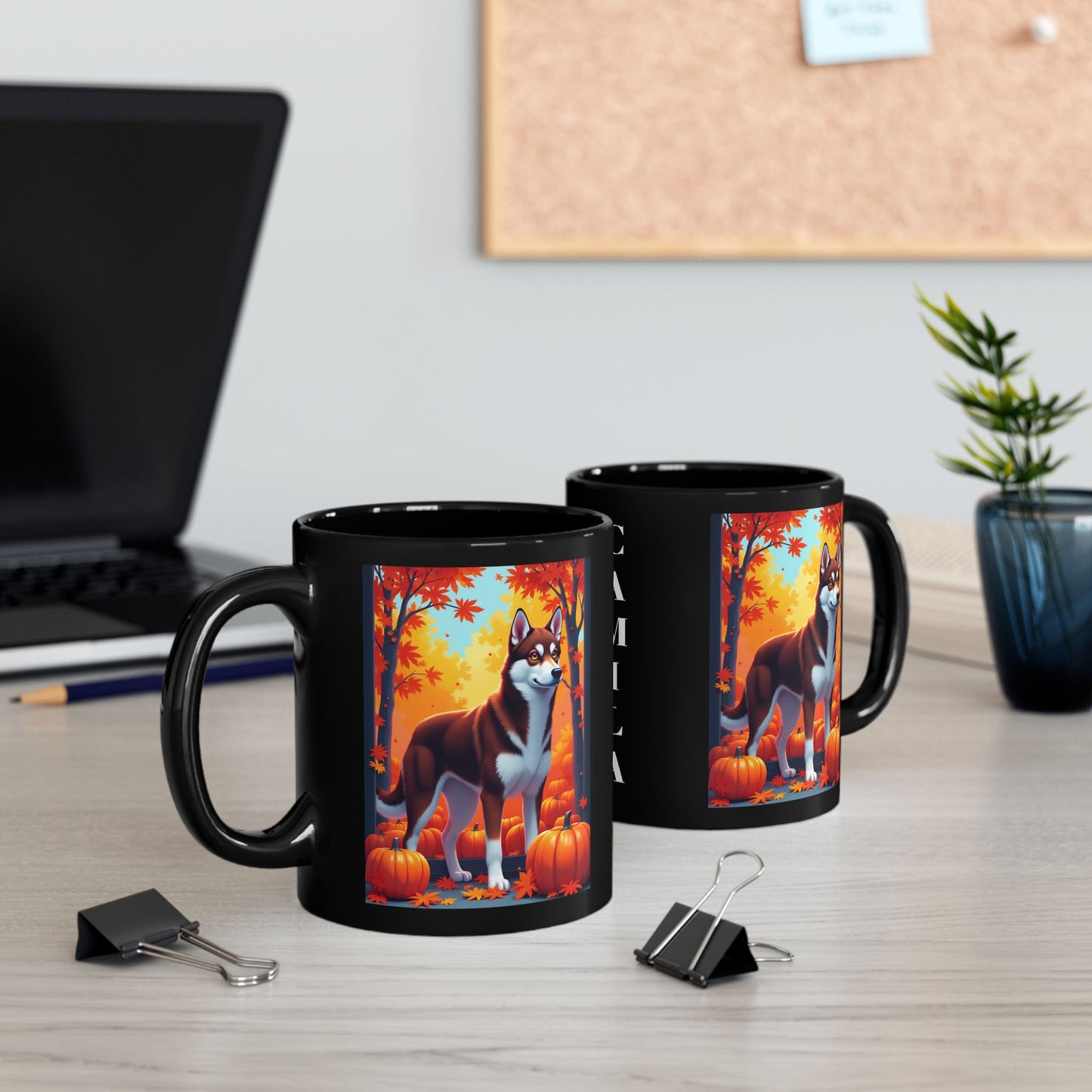Dark Red & White Husky (Amber Eyes) autumn mug, personalized coffee cup for Husky parents and dog lovers