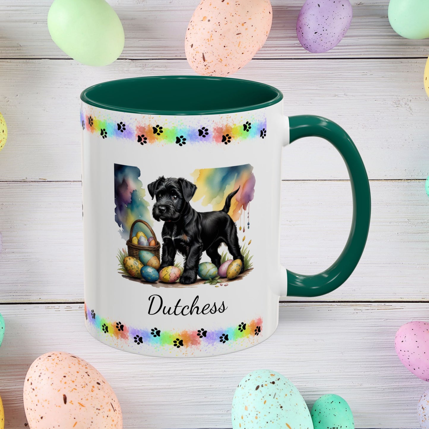 Black Schnauzer Easter puppy coffee mug personalized dog lover gift, promoting peace, positivity, and emotional wellness.