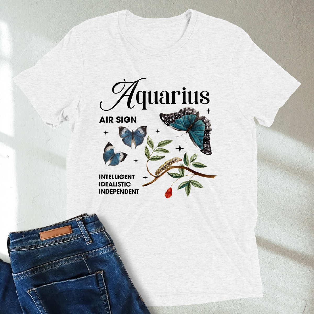 Aquarius Butterfly Zodiac Unisex T-Shirt : Soft Tri-Blend Unisex Astrology Shirt | Celestial Horoscope Tee