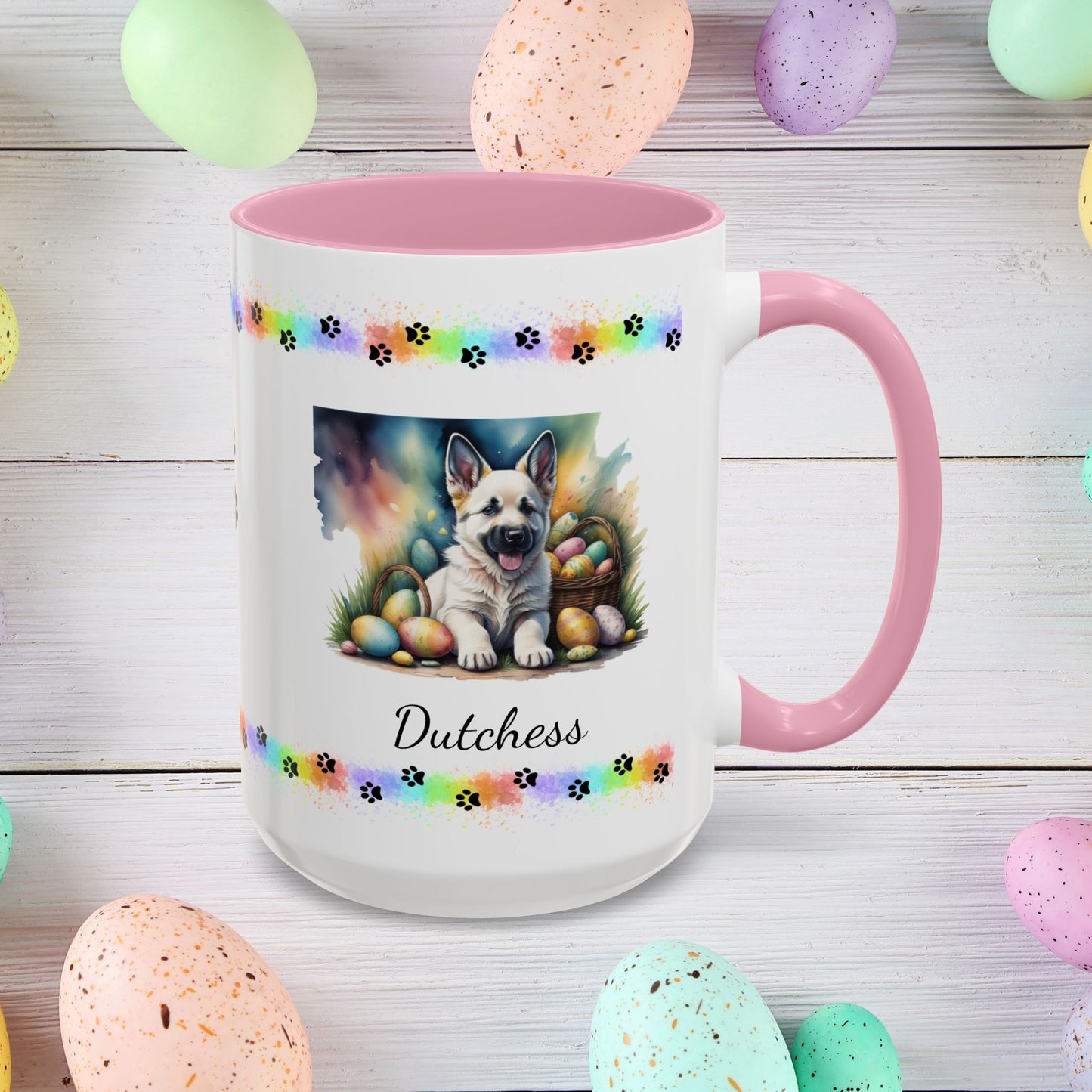 German Shepherd White Easter puppy coffee mug, personalized cute dog gift for mental health awareness and cozy sipping