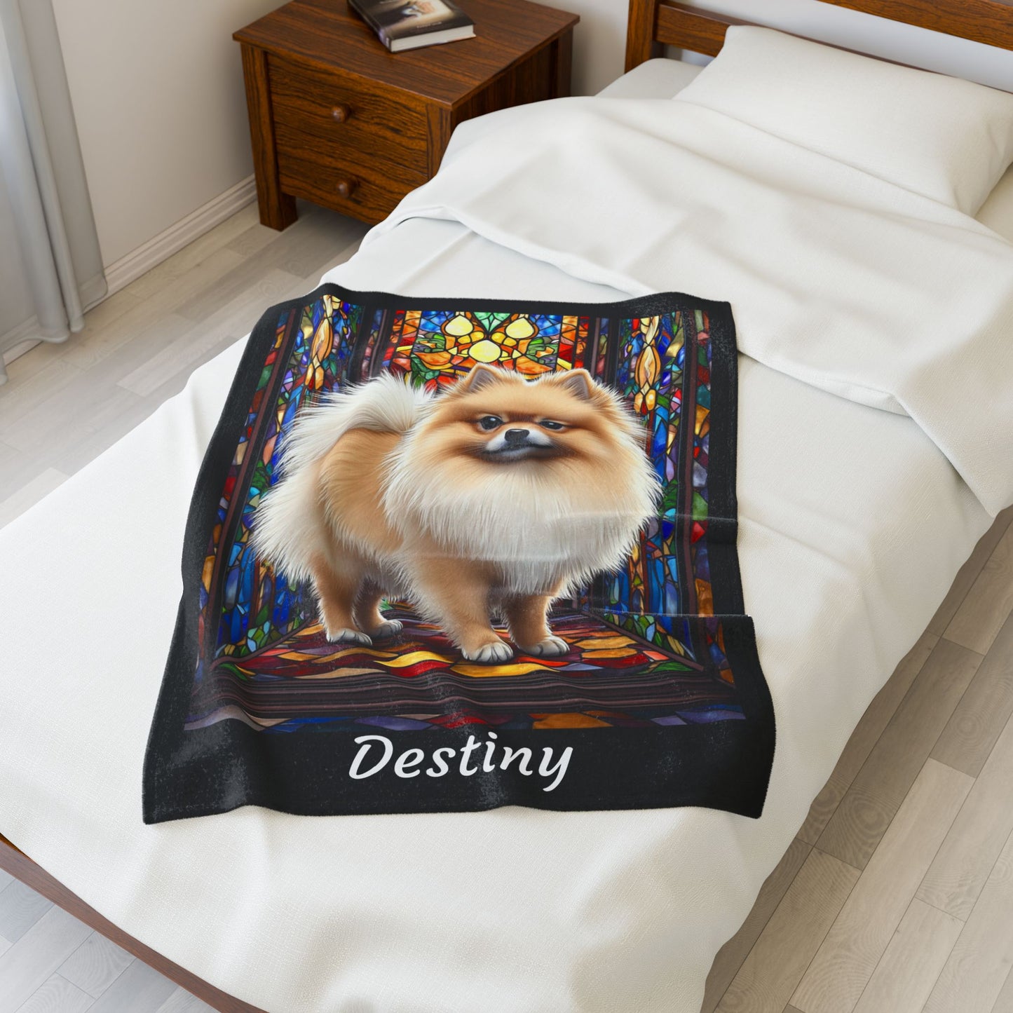 Pomeranian Cream Sable - Velveteen Plush Stained Glass Dog Blanket - Custom Dog Blanket, Pomeranian Lover Gift