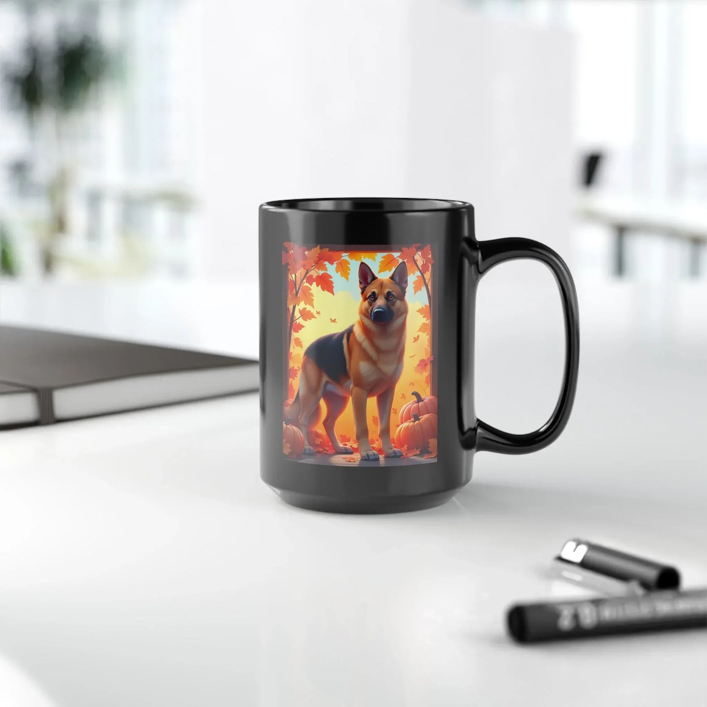 Shop our premium black and tan german shepherd autumn black mug from MySisterIsASurvivor.